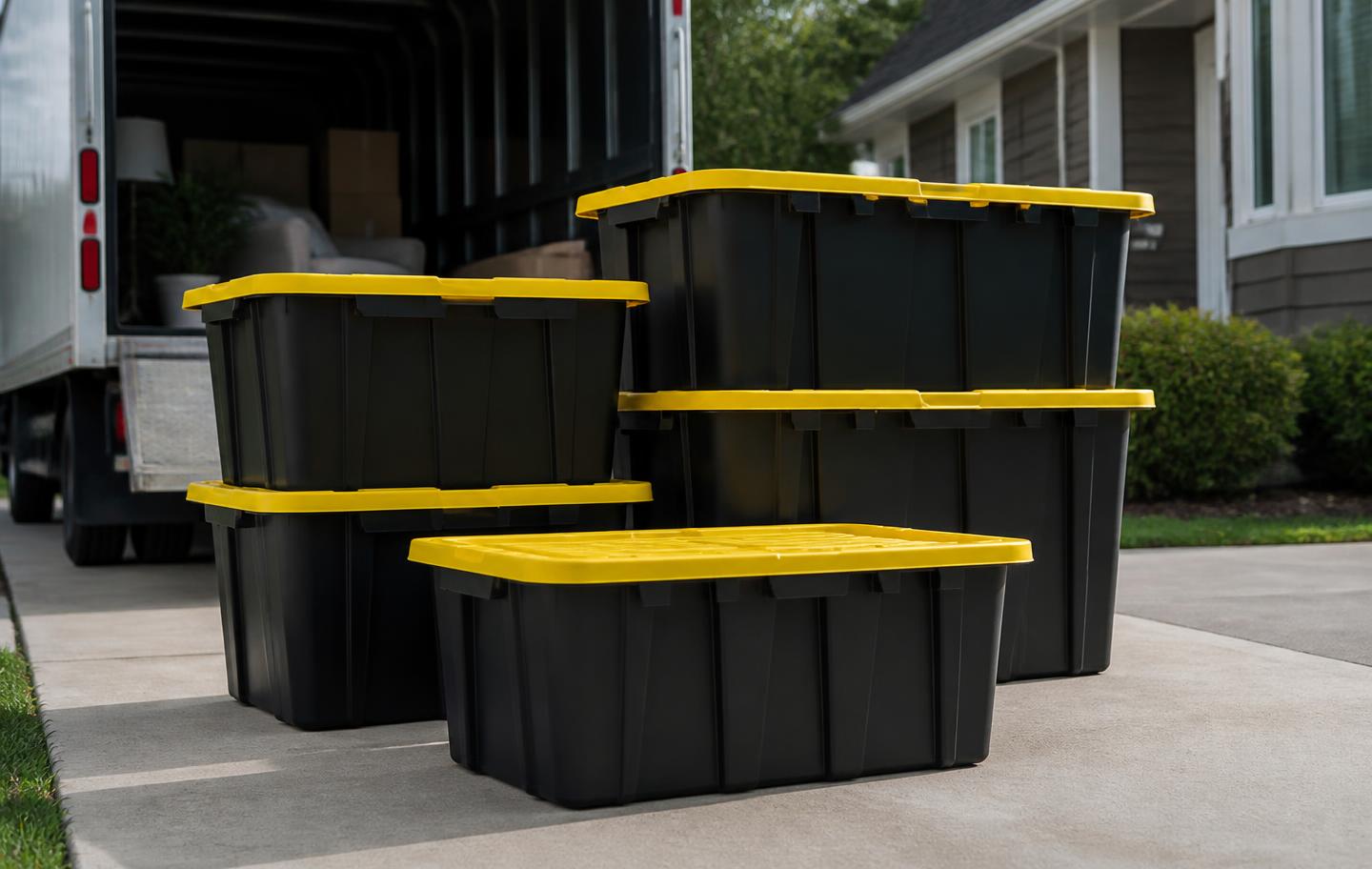 Stacked black moving totes with yellow lids next to a moving truck